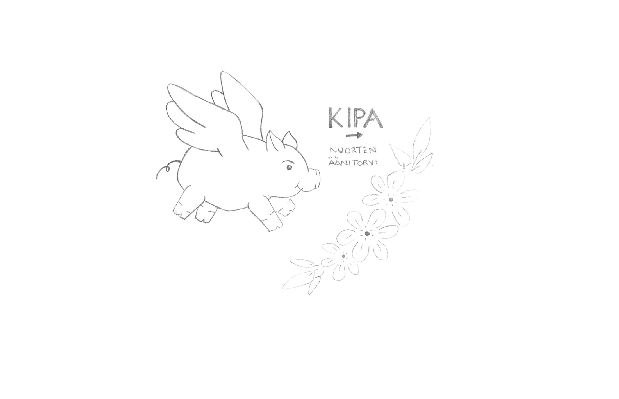 Piirrettynä Kipa, nuorten äänitorven suunnittelema lentävä possu ja kukkaköynnös.