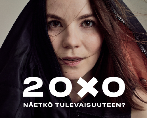 Nuoren naisen kasvot ja teksti: 20X0 näetkö tulevaisuuteen