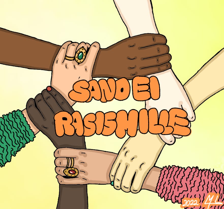 Eri ruskeansävyisiä käsiä pitää kiinni toistensa ranteista. Teksti "sano ei rasismille".