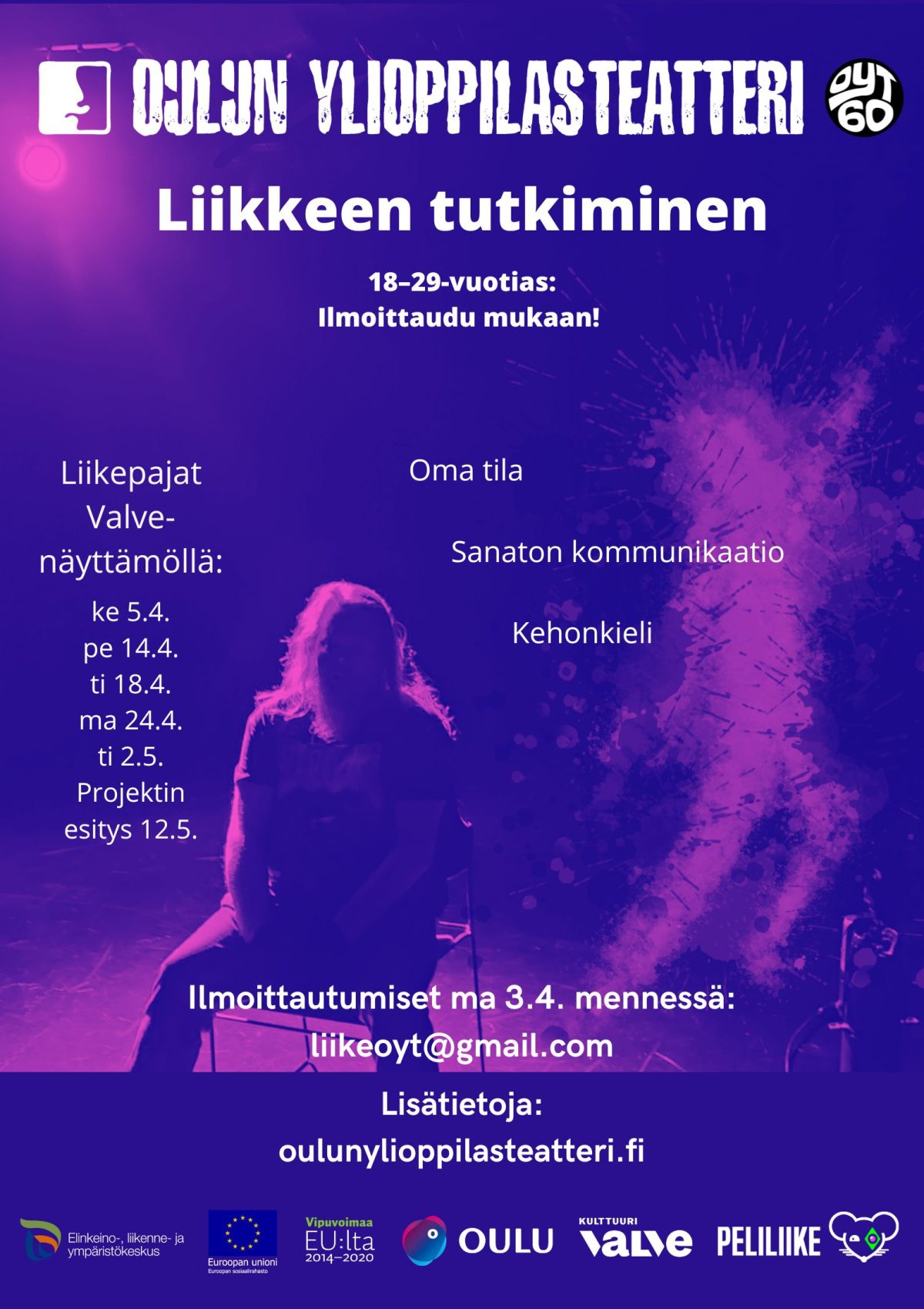 Oulun ylioppilasteatterin Liikkeen tutkiminen -työpajojen mainos.