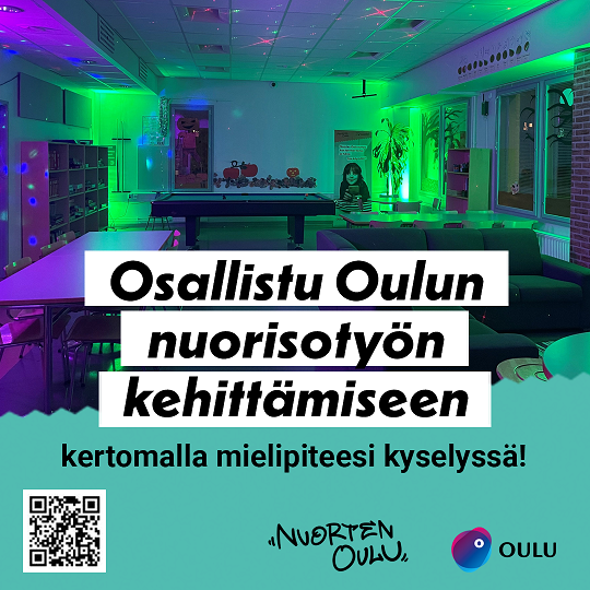 Osallistu Oulun nuorisotyön kehittämiseen kertomalla mielipiteesi kyselyssä. QR-Koodi.