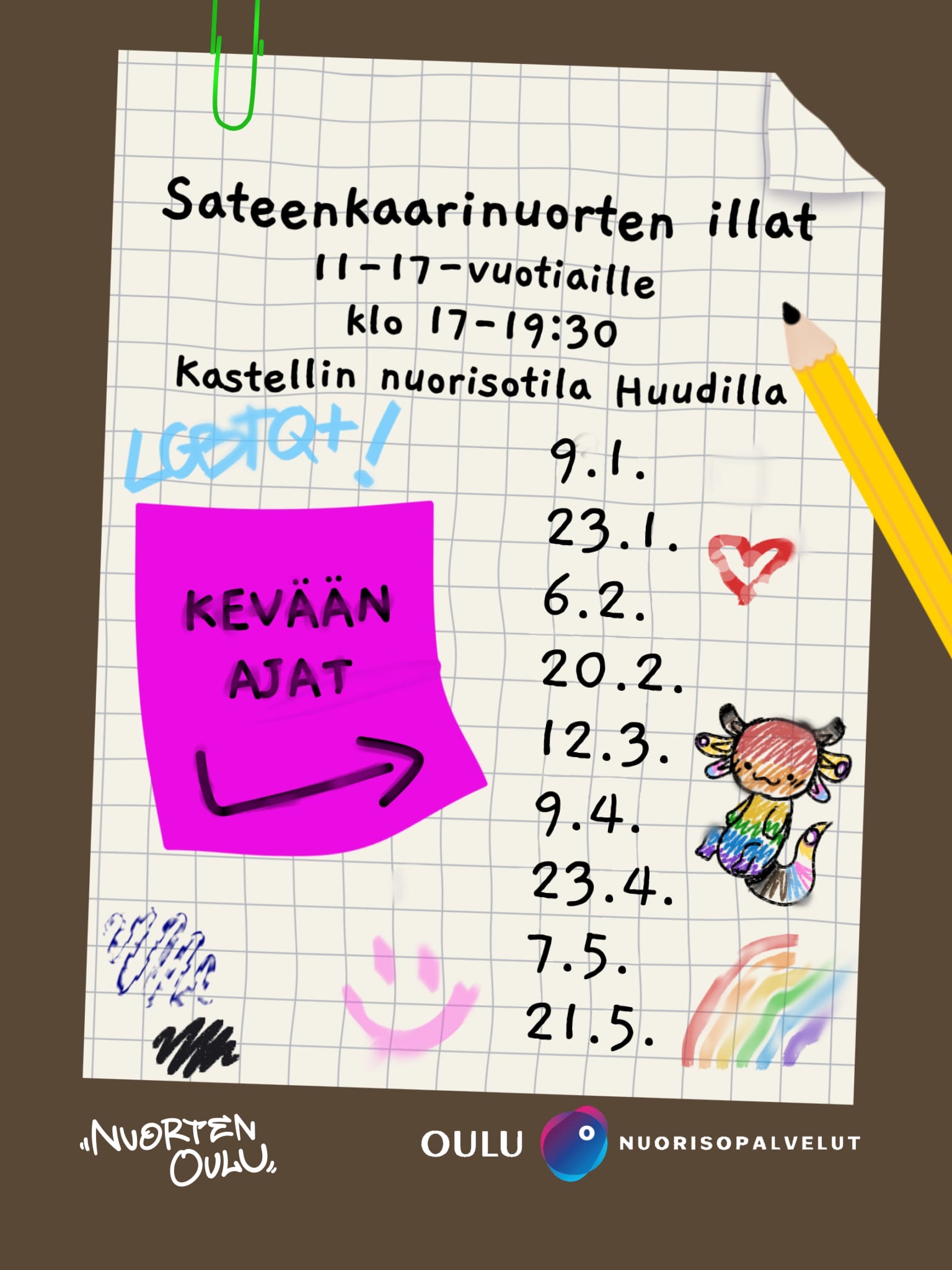 Mainos sateenkaarinuorten illoista Kastellin nuorisotalo Huudissa.